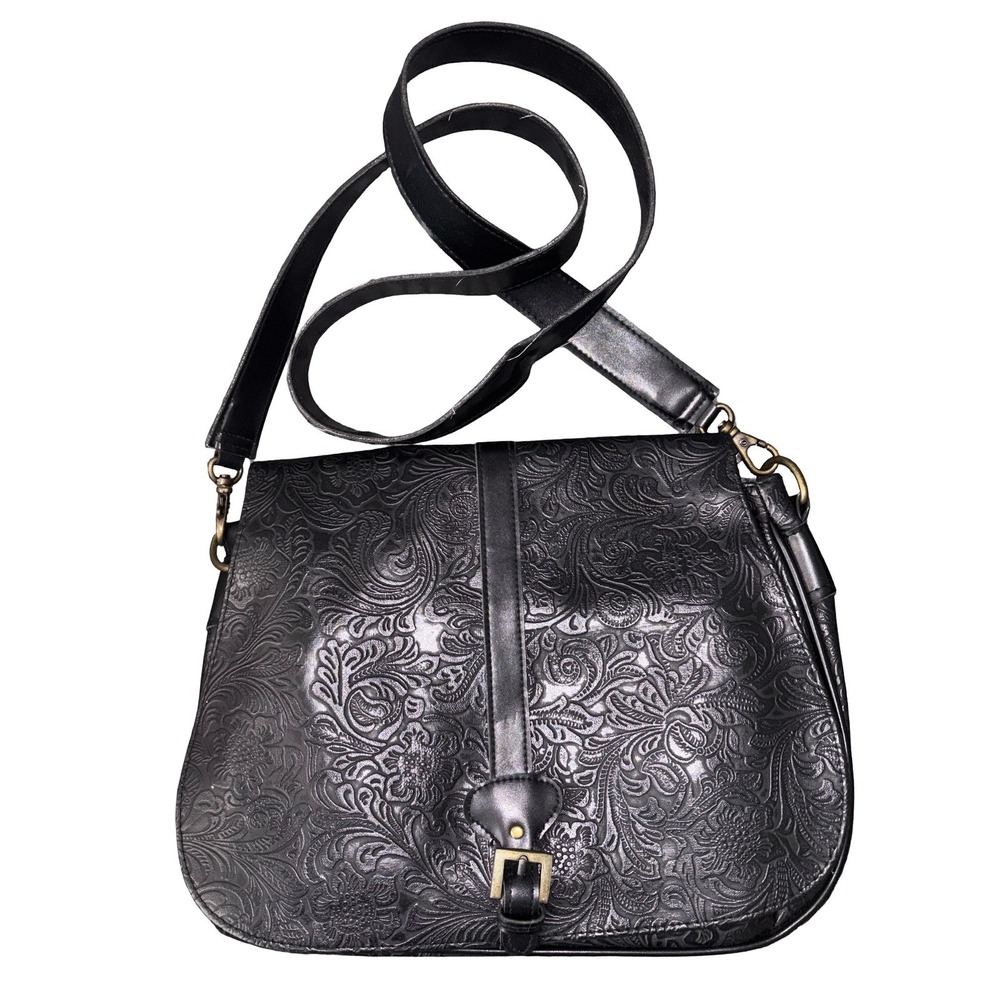 Patricia Nash Black Embossed Floral Leather Crossbody Saddle Bag Paisley Buckle